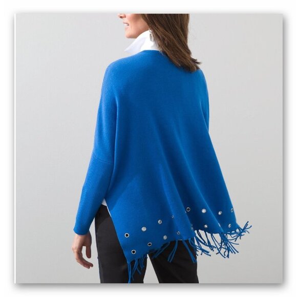 Chico's blue knit gold tone grommets with fringes sweater poncho L /XL - Picture 2 of 12